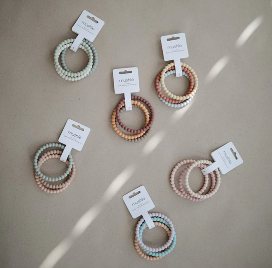Mushie Pearl Teether Bracelets - Berry / Marigold / Khaki