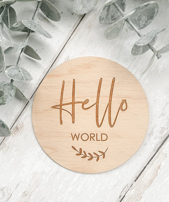 Hello World Wooden Disc | Wooden Baby Announcement | Baby Arrival Sign | Social Media Flat Lay Prop | Laser Engraved | UK