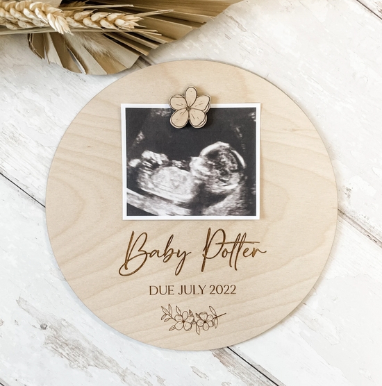 Wooden Baby Scan Announcement Plaque | New Baby Pregnancy Reveal Sign | Social Media Flat Lay Prop | Laser Engraved