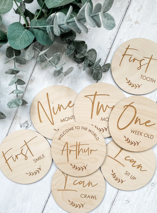 Full Set of Baby Milestone Discs inc Firsts | Wooden Baby Milestone Markers | Laser Engraved and Cut | Social Media Flat Lay Prop