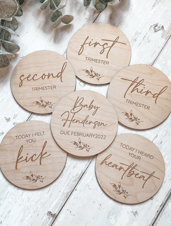 Pregnancy Milestone Discs | Wooden Trimester Milestone Markers | Laser Engraved and Cut | Social Media Flat Lay Prop