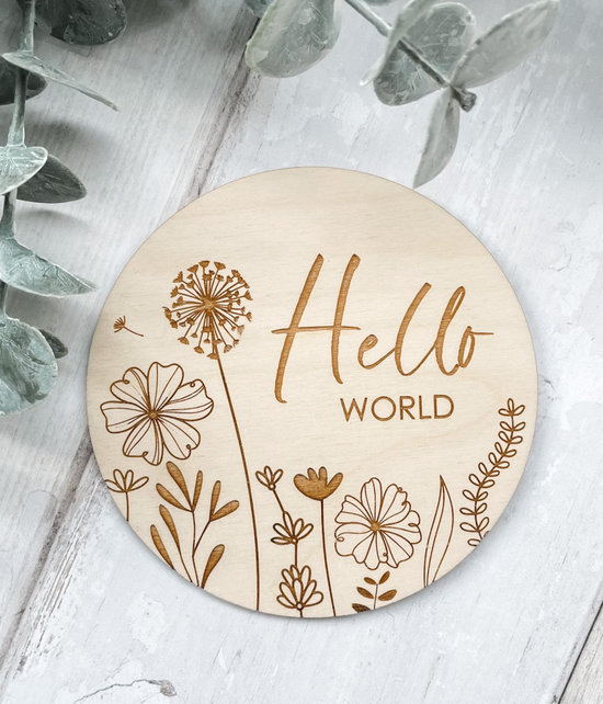Hello World Wooden Disc | Wooden Baby Announcement | Baby Arrival Sign | Social Media Flat Lay Prop | Laser Engraved | UK