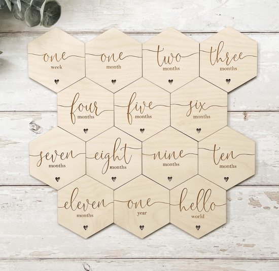 Hexagon Baby Milestone Discs | Wooden Baby Milestone Markers | Laser Engraved and Cut | Social Media Flat Lay Prop
