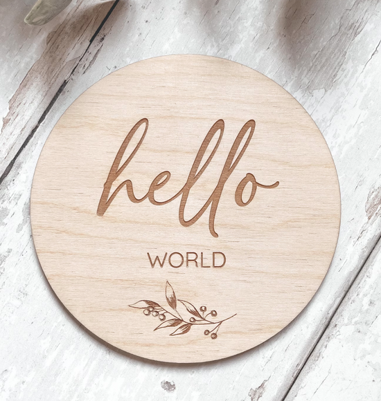 Hello World Wooden Disc | Wooden Baby Announcement | Baby Arrival Sign | Social Media Flat Lay Prop | Laser Engraved | UK